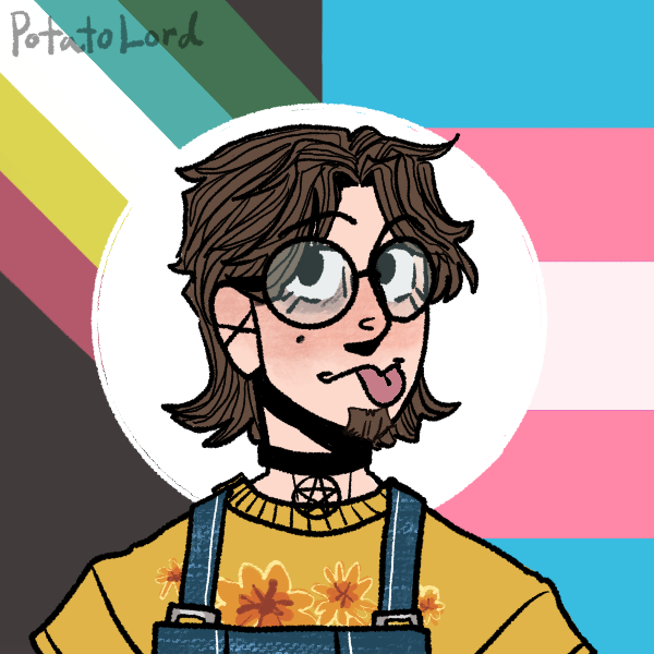 A dollmaker image representing Caspian. He has pale skin, medium length brown hair in a short bob haircut, and green eyes. He is wearing a yellow sweater and denim overalls. He is also wearing circular glasses and a black choker with a pentacle charm.